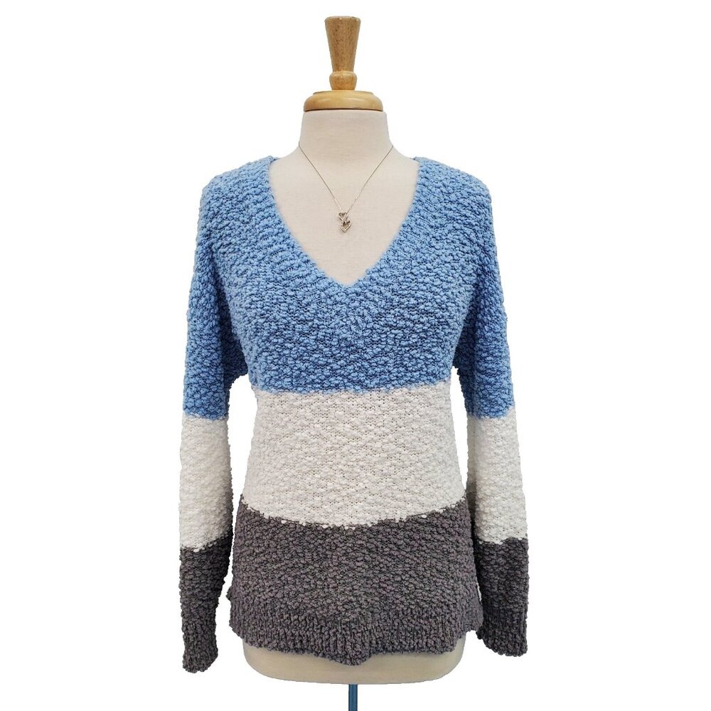 Popocorn Sweater Womens Size‎ L Colorblock Fuzzy Pullover V-Neck Blue Gray White